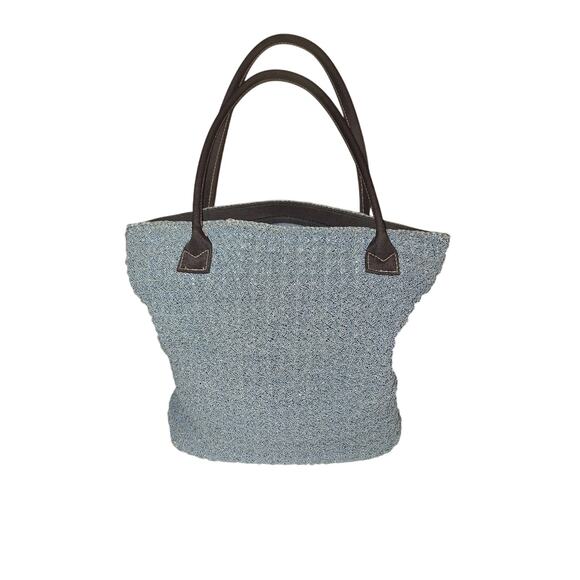 Blue Crocheted Purse With Black Handles Summer Feminine Tote Purse Shoulder Bag - Picture 1 of 7